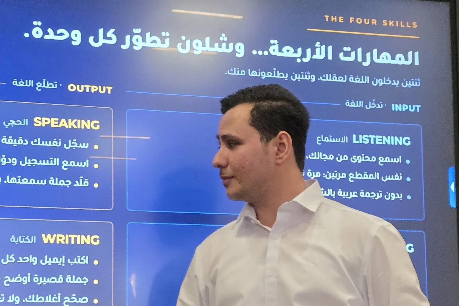 المدرب يقدّم محاضرة في اللغة الإنجليزية أمام شاشة العرض